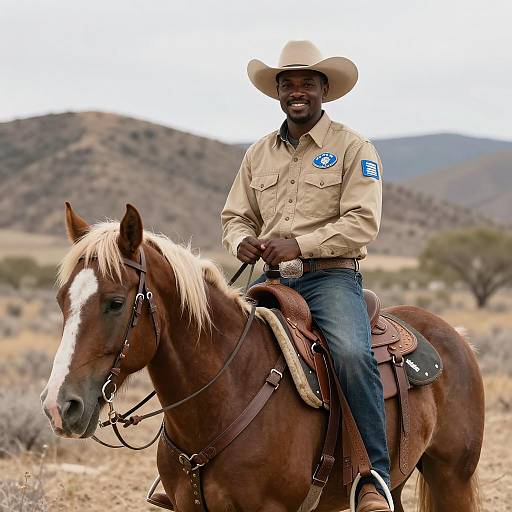 Smiling Black Cowboy on Brown Horse in Desert Landscape