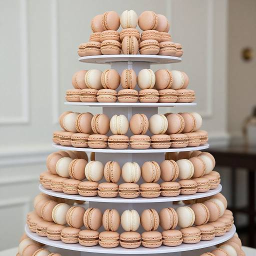 Photograph of a five-tiered macaron stand with alternating light and dark pink macarons, set against a white-paneled background.