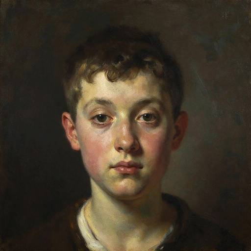 Realistic oil painting of a young boy with short brown hair, pale skin, and large, expressive brown eyes, against a dark background.