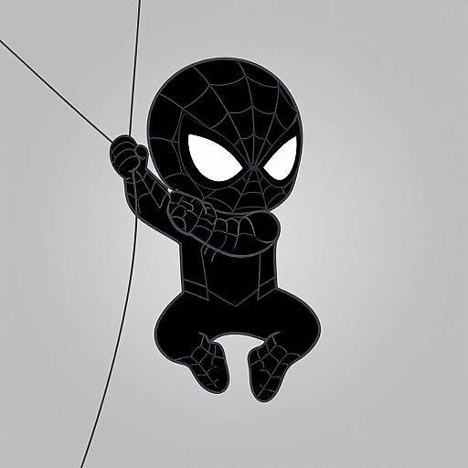 Digital drawing of a black, chibi-style Spider-Man with white eyes, hanging from a string, against a light blue background.