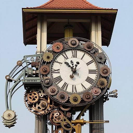 Steampunk-style clock tower with large, gear-adorned clock face, metal accents, and a red-roofed top, set against a