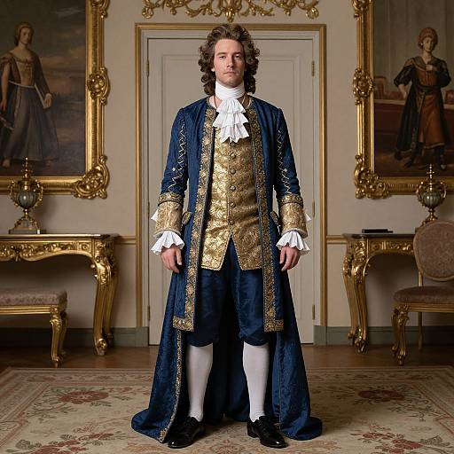 Photograph of a white man with curly brown hair, wearing an 18th-century royal blue and gold embroidered coat with white cravat, standing