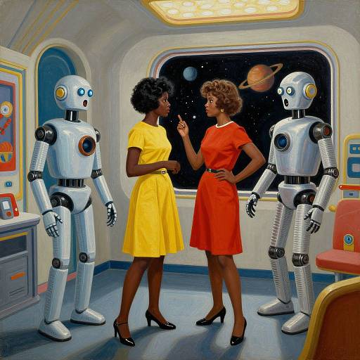 Vintage illustration of two black women in yellow and red dresses, conversing with two silver robots in a space-themed room.