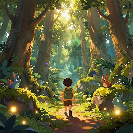 Digital illustration of a child in a yellow backpack walking through a sunlit, enchanted forest with glowing fireflies and whimsical creatures.
