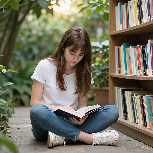 Photograph of a young woman with straight brown hair, wearing a white t-shirt and blue jeans, sitting cross-legged on a concrete path, reading a