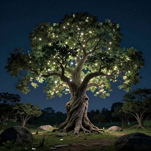 Photograph of a majestic tree at night, illuminated by glowing white lights, standing in a dark, starry forest with scattered rocks.