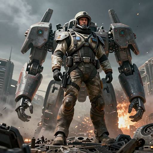 Digital artwork of a rugged, helmeted soldier in a bulky mech suit with massive, mechanical arms, standing amidst a war-torn city with fiery explosions