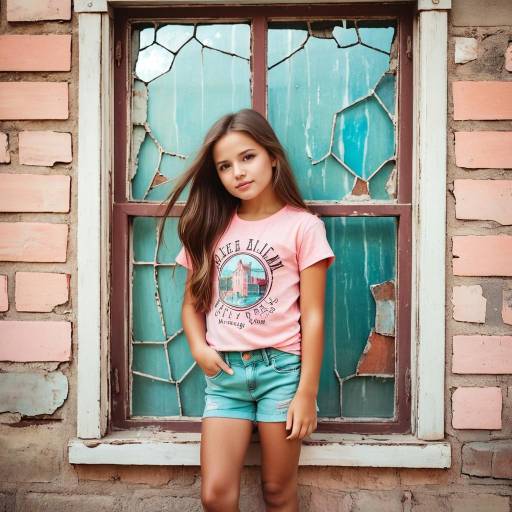 Young Girl in Pink T-Shirt by Weathered Window