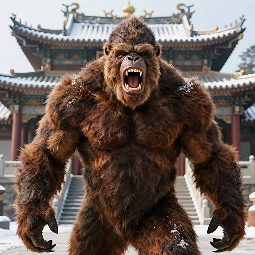 Photorealistic CGI of a roaring, muscular, brown-furred gorilla in front of a traditional Chinese temple with snow-covered roofs.
