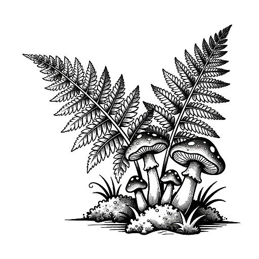 Scratchboard Ferns with Mushrooms