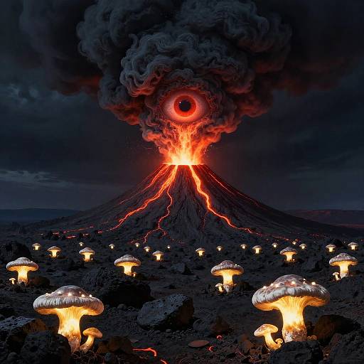 Digital art: Volcano erupting with fiery eye at peak, surrounded by glowing mushrooms in dark, smoky landscape. Bright orange lava contrasts with dark