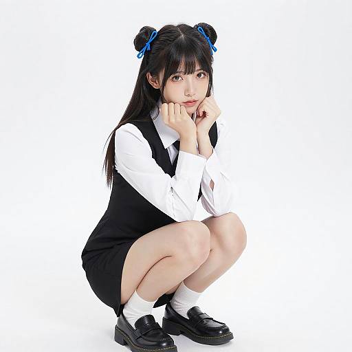 Asian Woman in Twin Buns Squatting