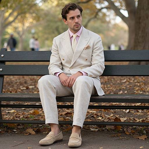 Photograph of a handsome, dark-haired man in a white suit, pink shirt, beige loafers, sitting on a black park bench amidst autumn leaves