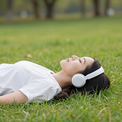 Photograph of an Asian woman with closed eyes, lying on grass, wearing white headphones and a white shirt, in a park.
