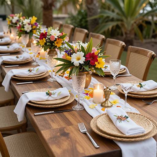Photograph of a beautifully set outdoor wooden dining table with floral centerpieces, white napkins, wicker plates, candles, and glassware.