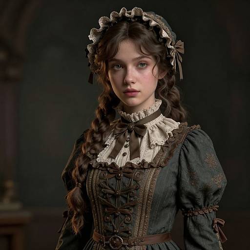 Photograph of a young Caucasian woman with fair skin, blue eyes, and long brown hair in braids, wearing an intricate Victorian-style black dress with