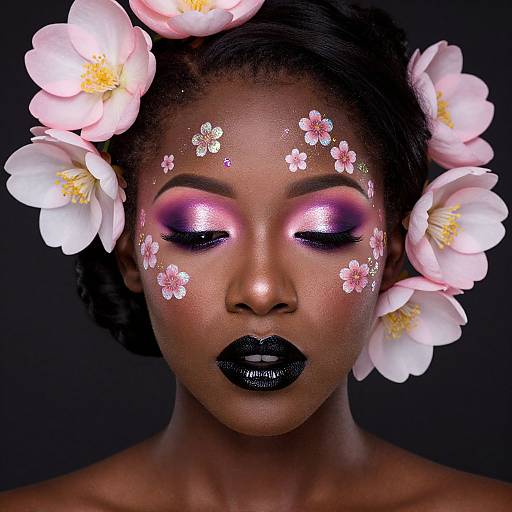 Photograph of a dark-skinned woman with pink floral makeup, black glossy lips, and white cherry blossom headpiece against a black background.