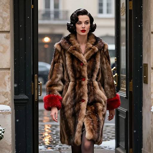 Photograph of a pale-skinned woman with dark, wavy hair, wearing a brown fur coat with red trim, standing in a snowy doorway,