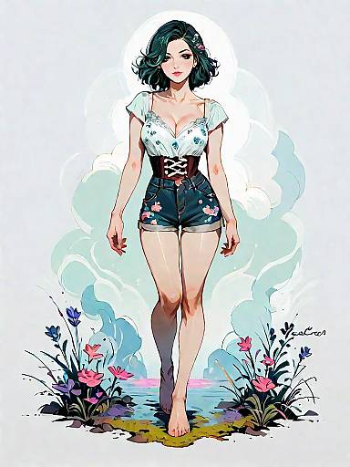 Stylish Woman in Floral Lace-Up Romper Amid Mystic Fog