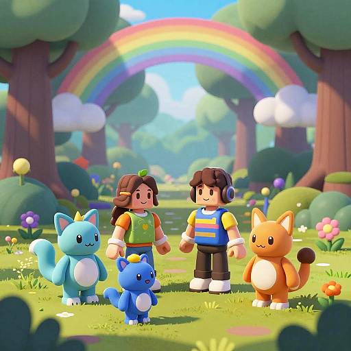 Bright, digital CGI image of two children with colorful toys, standing in a vibrant forest with a rainbow, tall trees, and flowers.