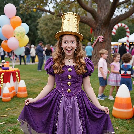 Photograph of a smiling young girl in a purple dress and gold top hat, standing in a Halloween-themed park with balloons, candy corn, and children