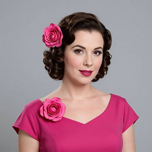 Vintage-style photograph of a fair-skinned woman with dark, wavy hair, wearing a bright pink dress, adorned with pink roses on her shoulder and