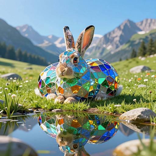 Photorealistic CGI: Vibrant mosaic-covered rabbit with colorful tiles, sitting on lush green grass near a reflective pond, with majestic mountains and clear blue