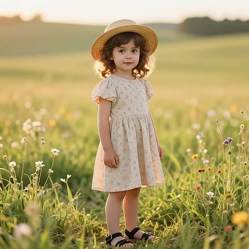 Photograph of a young girl with curly brown hair, wearing a floral dress, straw hat, and black sandals, standing in a sunlit field of