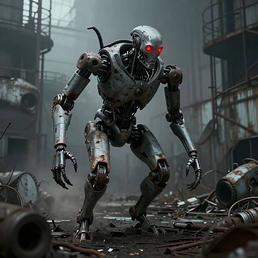 Photorealistic CGI of a menacing, rusty, red-eyed robotic humanoid crouching in a foggy, industrial, debris-filled warehouse with metal rail