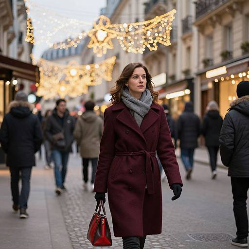 Photograph of a confident woman in a maroon coat, gray scarf, and black gloves, carrying a red handbag, walking down a festive,