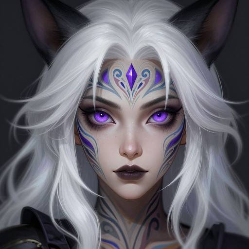 Digital art of a pale-skinned, white-haired woman with cat ears, purple eyes, and intricate blue tribal markings, gazing intently forward.