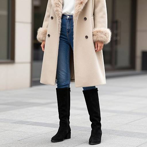Photograph of a person standing in an urban setting, wearing a beige fur-trimmed coat, blue denim skirt, black knee-high boots, and