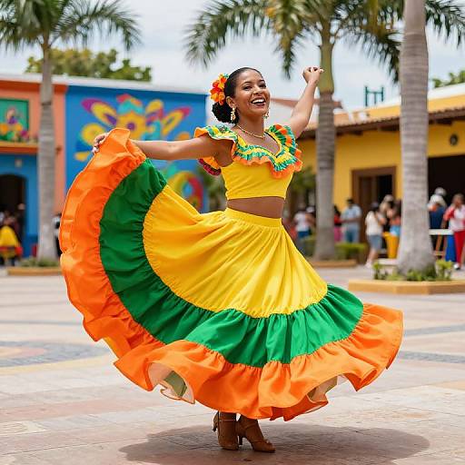 Photograph of a joyful Mexican dancer in a vibrant yellow and green skirt with orange trim, smiling, raising arms, wearing a flower in hair, in