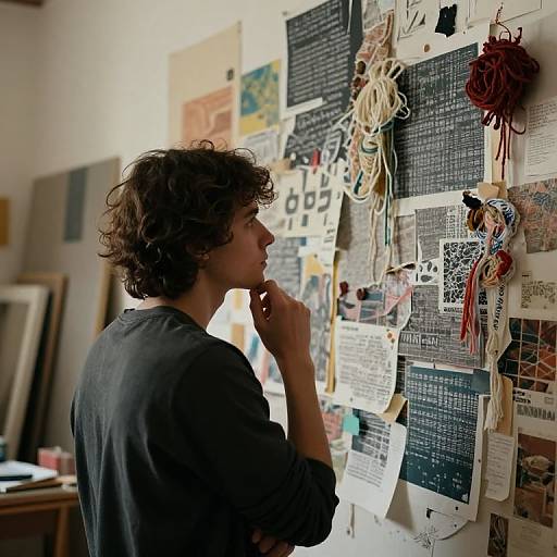 Photograph of a curly-haired woman in a black shirt, standing in a cluttered art studio, studying a wall covered with colorful notes, diagrams,