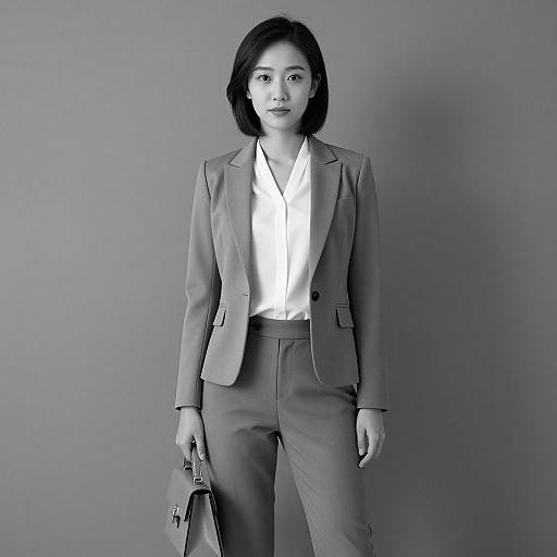 Black-and-white photograph of an Asian woman with shoulder-length black hair, wearing a light-colored blazer, white shirt, and high-waisted pants