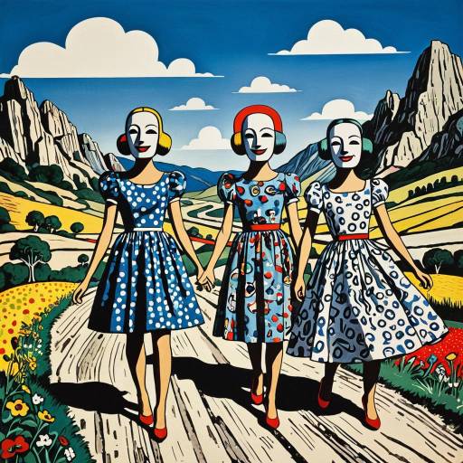 Surrealistic Women with Masks in Psychedelic Dresses