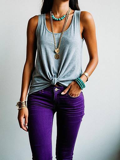 Casual Chic Woman in Grey Tank Top and Purple Jeans