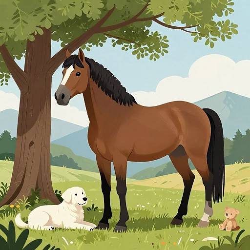 Digital illustration of a brown horse with a black mane, standing beside a tree, with a white dog lying and a teddy bear sitting on grassy