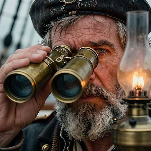 Close-up photograph of an elderly man with gray beard and black hat, using brass binoculars, next to a lit oil lamp.