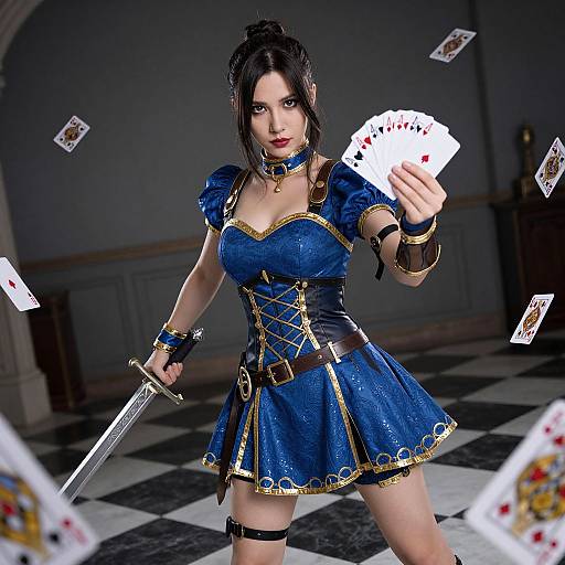 CGI fantasy image of a dark-haired woman in a blue, corseted dress, holding a sword and cards flying around her.