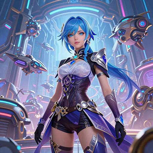 Digital art of a blue-haired, blue-eyed, armored woman with large breasts, standing in a futuristic, neon-lit room with hovering drones.