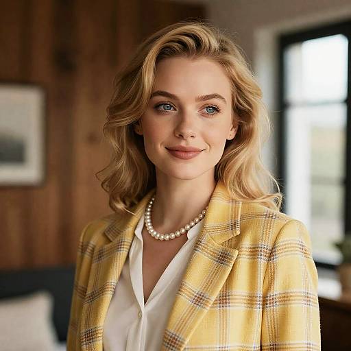 Joyful Blonde in Yellow Plaid Blazer