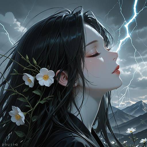 Profile Portrait of Woman with Flowers and Lightning