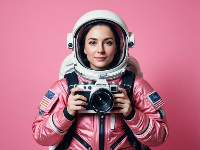 Woman in Pink Astronaut Suit Holding Camera