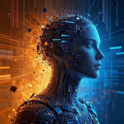 Digital art of a cybernetic woman with glowing blue and orange lights, circuitry, and floating squares, in a futuristic, tech-filled background.