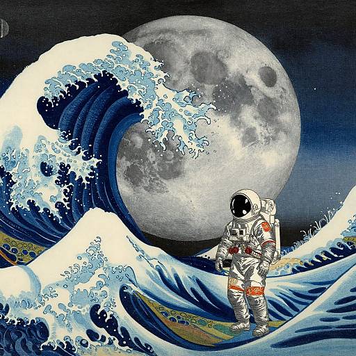 Digital art: Astronaut in white spacesuit stands on ocean waves beneath a large, detailed moon, inspired by Hokusai's 
