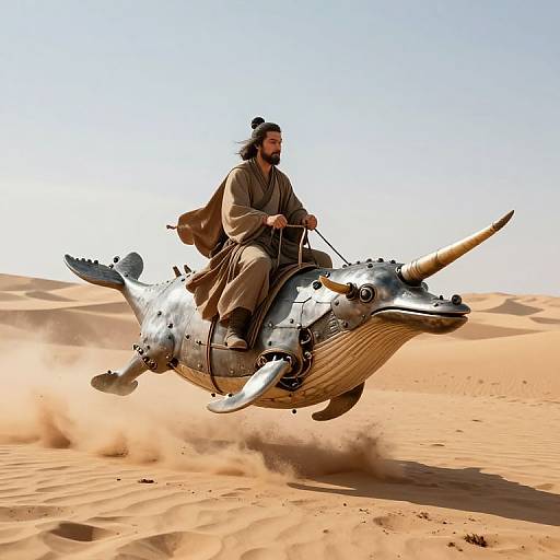 Photograph: A bearded man in brown robes rides a mechanical, silver, shark-like creature with a horn, soaring through a desert with golden sand