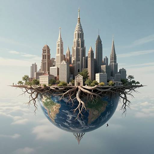 Photorealistic digital artwork of a floating cityscape with skyscrapers, tree roots, and a reflective Earth below, set against a clear blue sky
