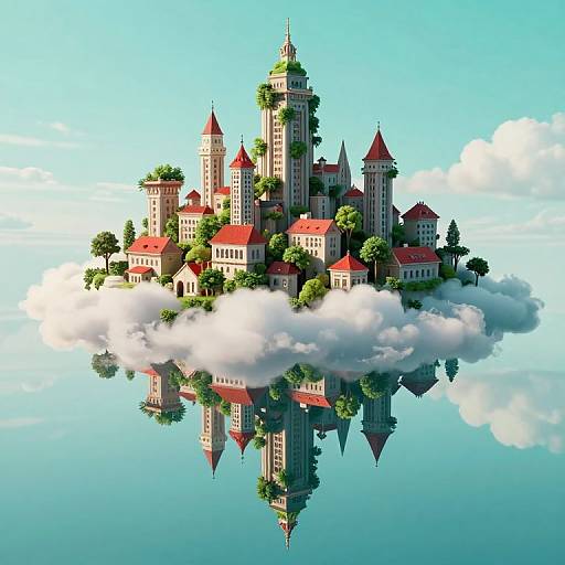 Fantastical floating castle with red roofs, green trees, and tall towers, mirrored perfectly on a calm, blue sky reflection. Digital art.