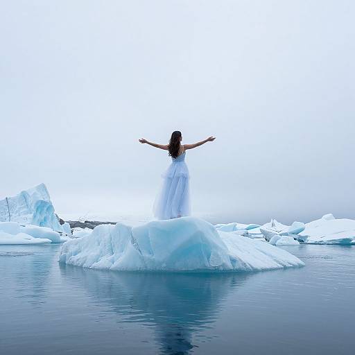 Photograph of a woman in a flowing white dress standing with arms outstretched on a floating ice chunk in a foggy, icy ocean.